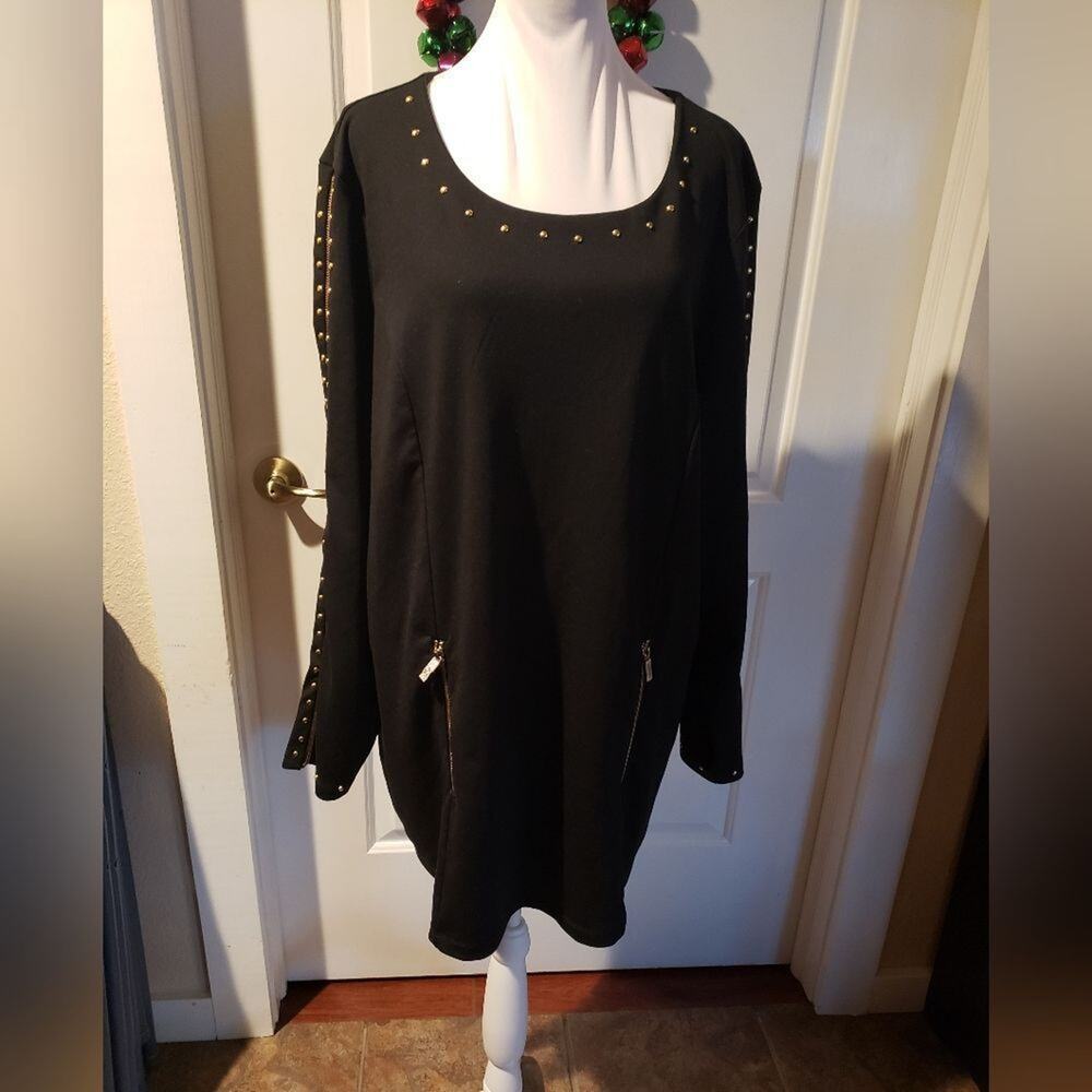 K jordan black stretch tunic gold‎ studded neckline zipper statement sleeve 2X